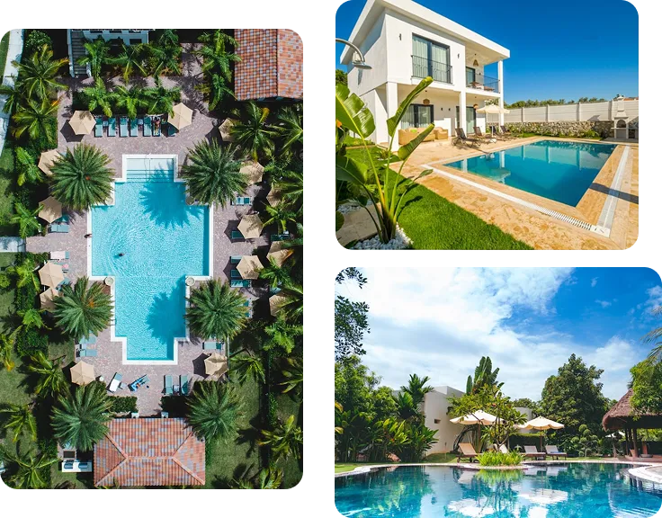 Aerial view of pristine swimming pools surrounded by lush greenery and lounge chairs, featuring a central logo reading "Pool Perfection Weekly Maintenance," emphasizing expert pool care services.