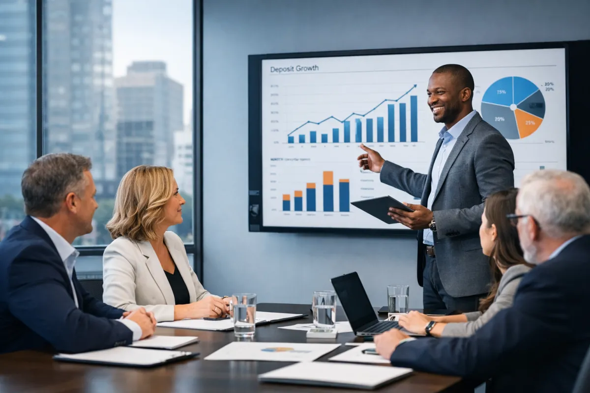 Executive leadership team reviewing growth and performance strategy for a community bank