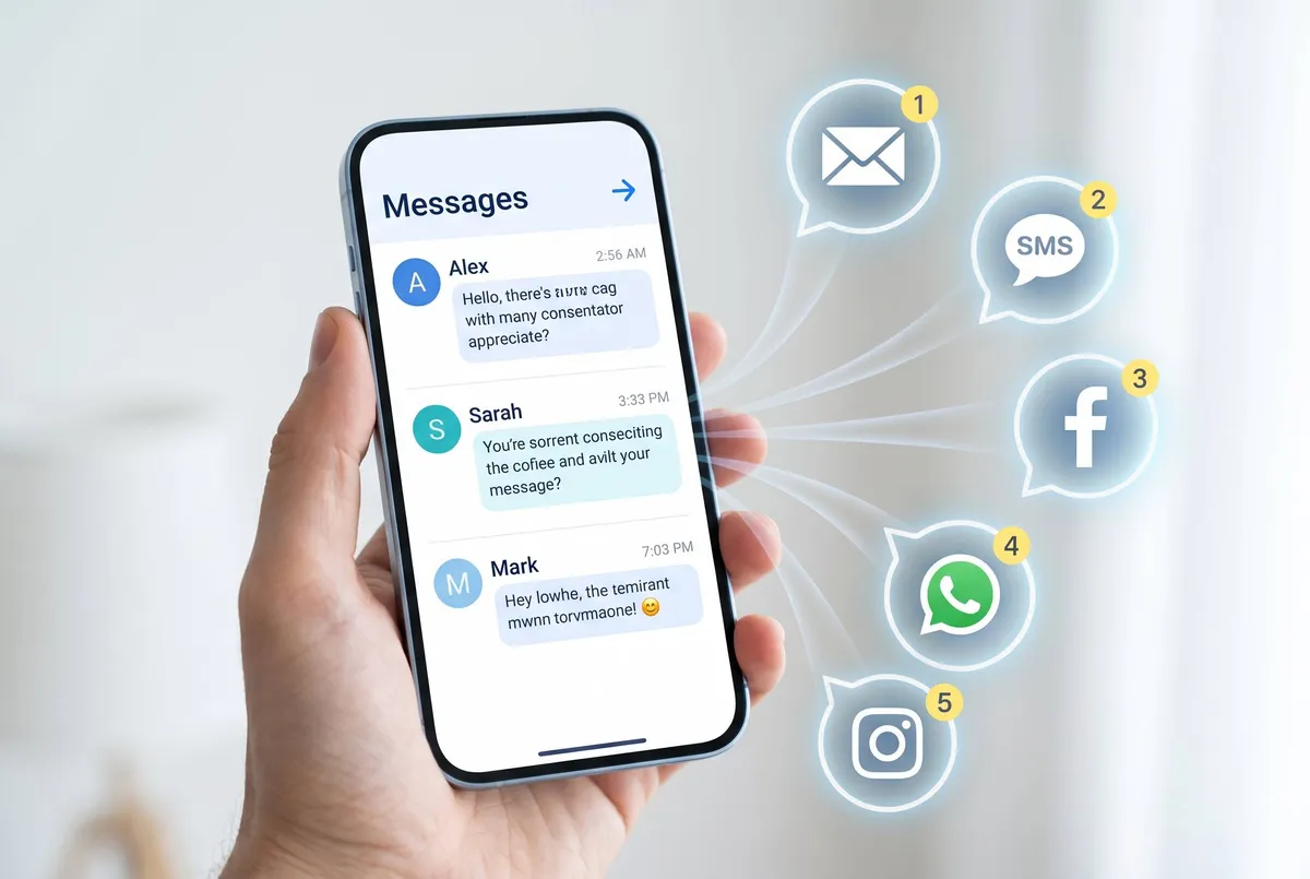 Unified inbox showing email, SMS, and social messages together.