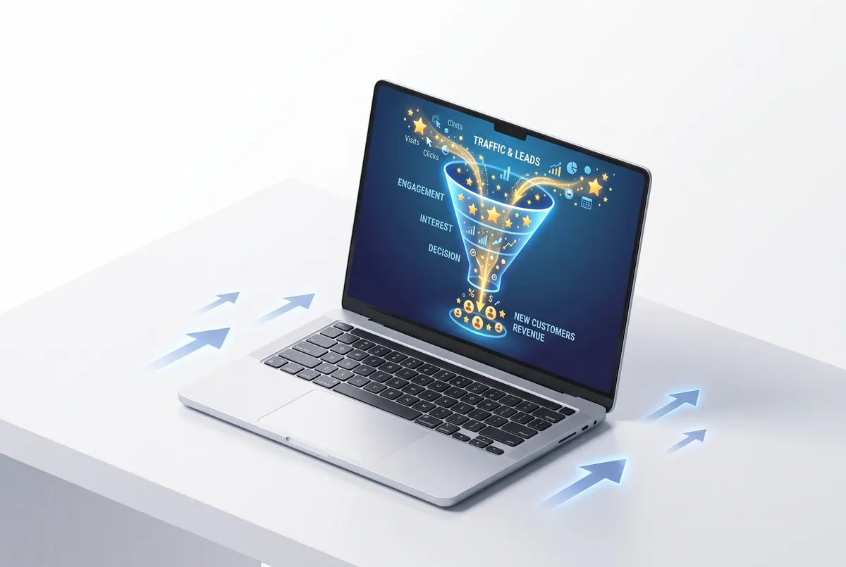 Concept image of responsive website and funnel wireframes.