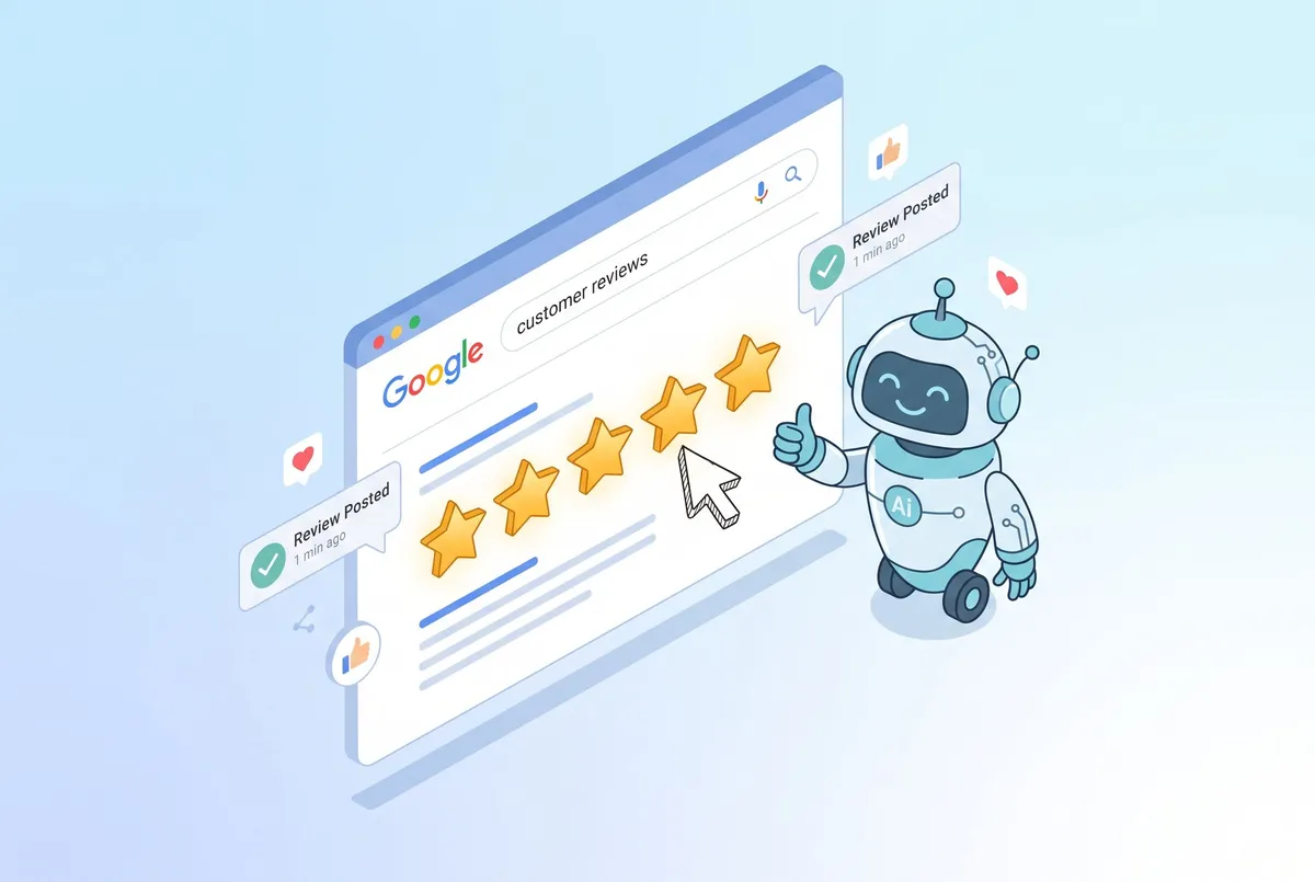 Illustration of positive Google reviews and automated responses.