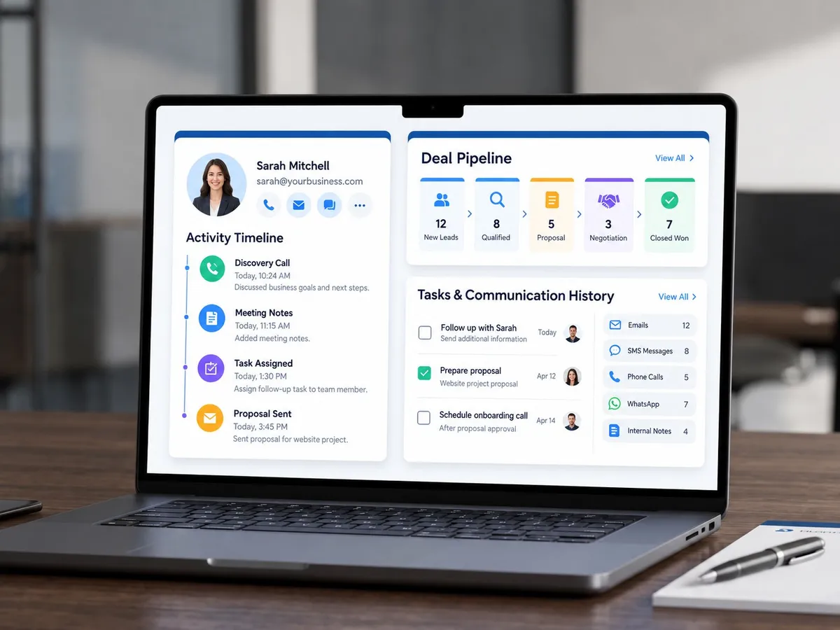 CRM interface showing contact details, pipeline stages, and communication history.