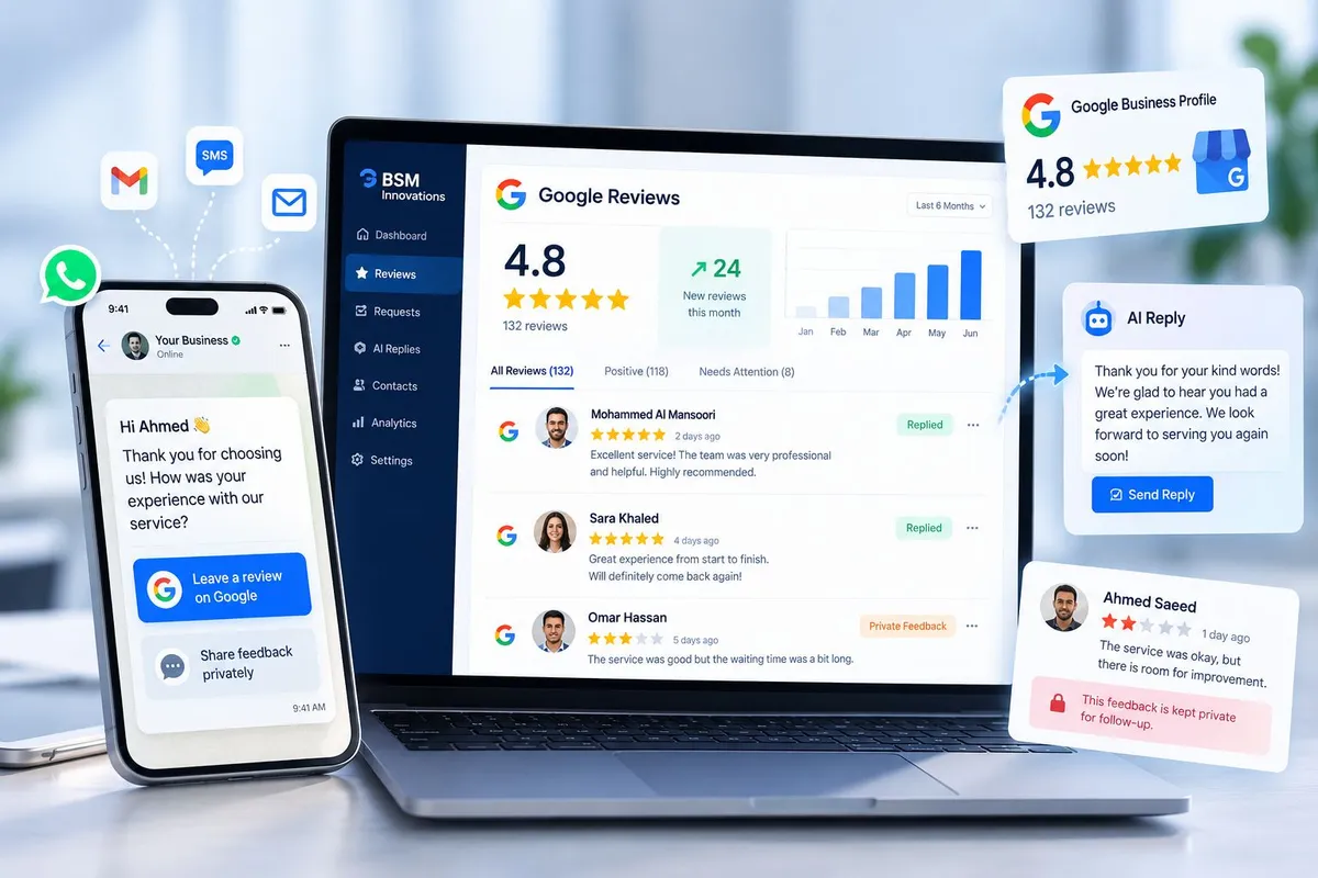 Dashboard view of online reviews, star ratings, and sentiment analysis for reputation management.
