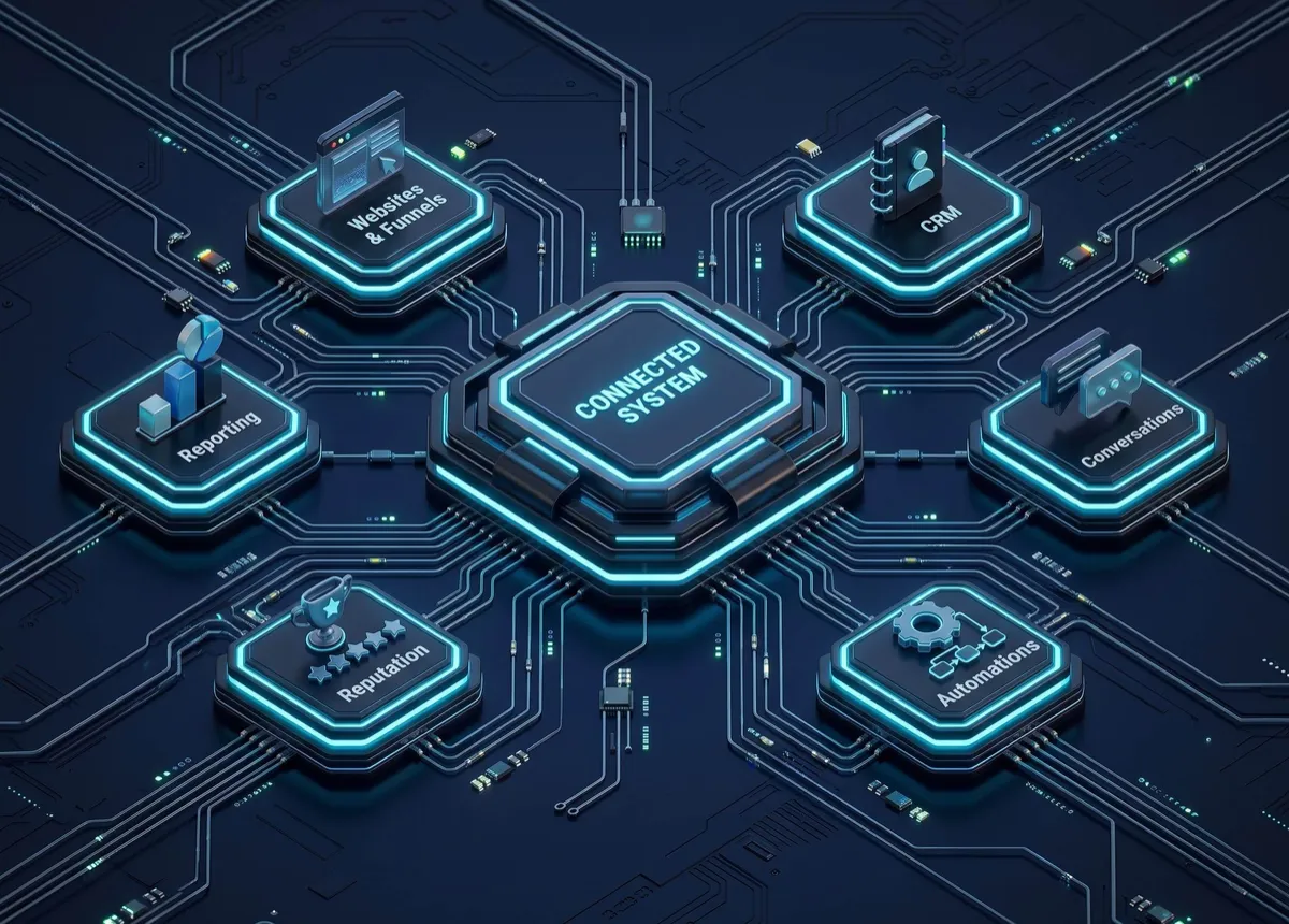 Abstract visualization of multiple business tools connected into one central platform.