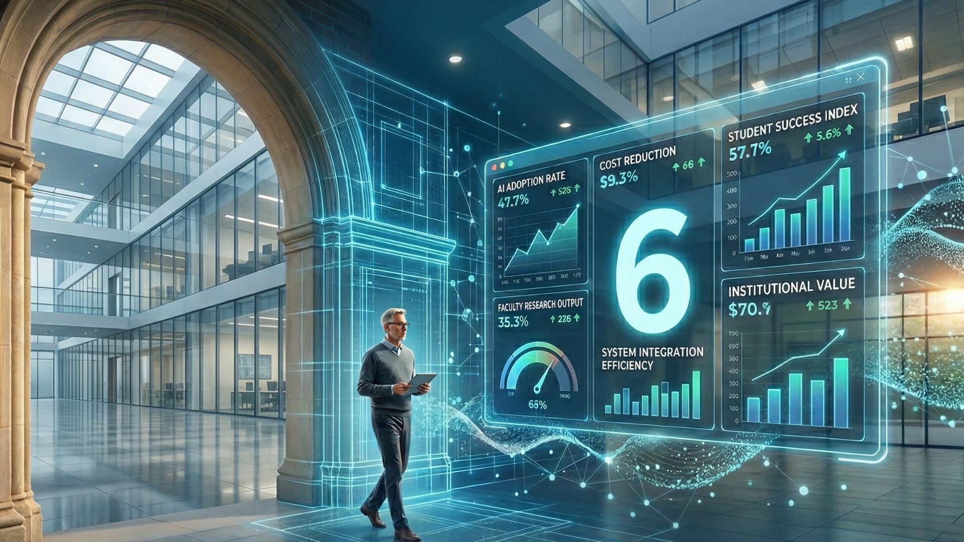A professional man walks through a modern architectural hall, holding a tablet as a large, glowing blue holographic dashboard floats beside him. The interface displays data visualizations like "AI Adoption Rate," "Student Success Index," and a prominent number "6" for "System Integration Efficiency," blending futuristic technology with a classic academic setting