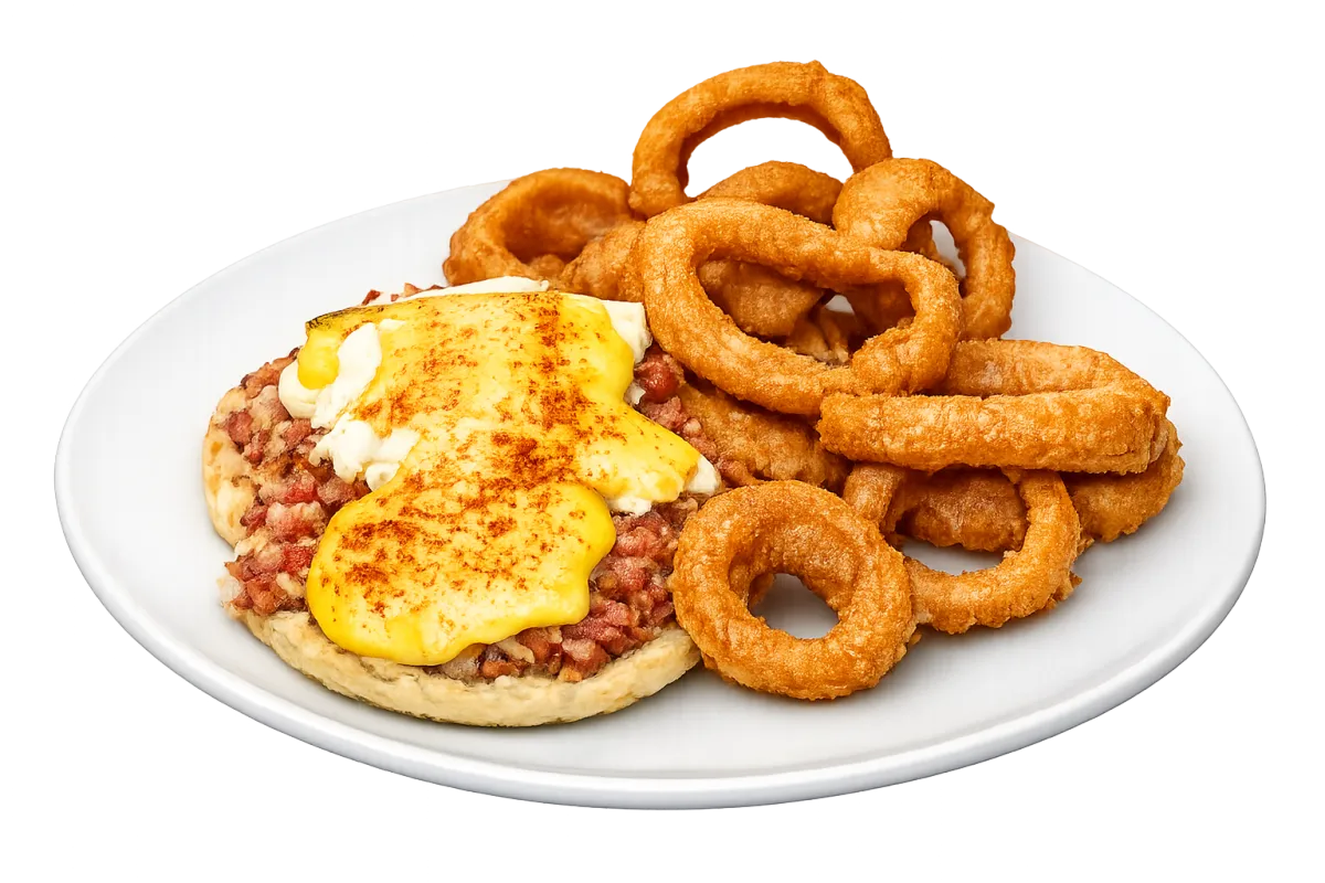 Corned Beef Benny with onion rings