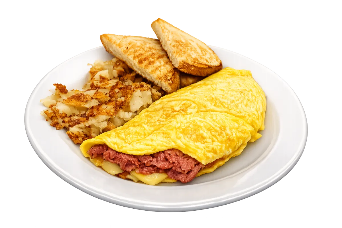 Corned Beef Benny with onion rings