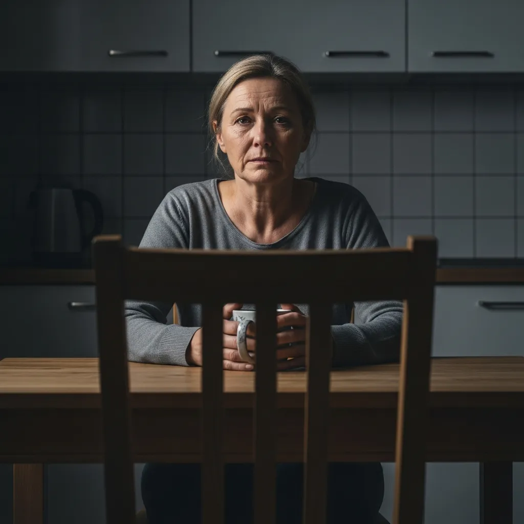 women sits at table alone with empty chair