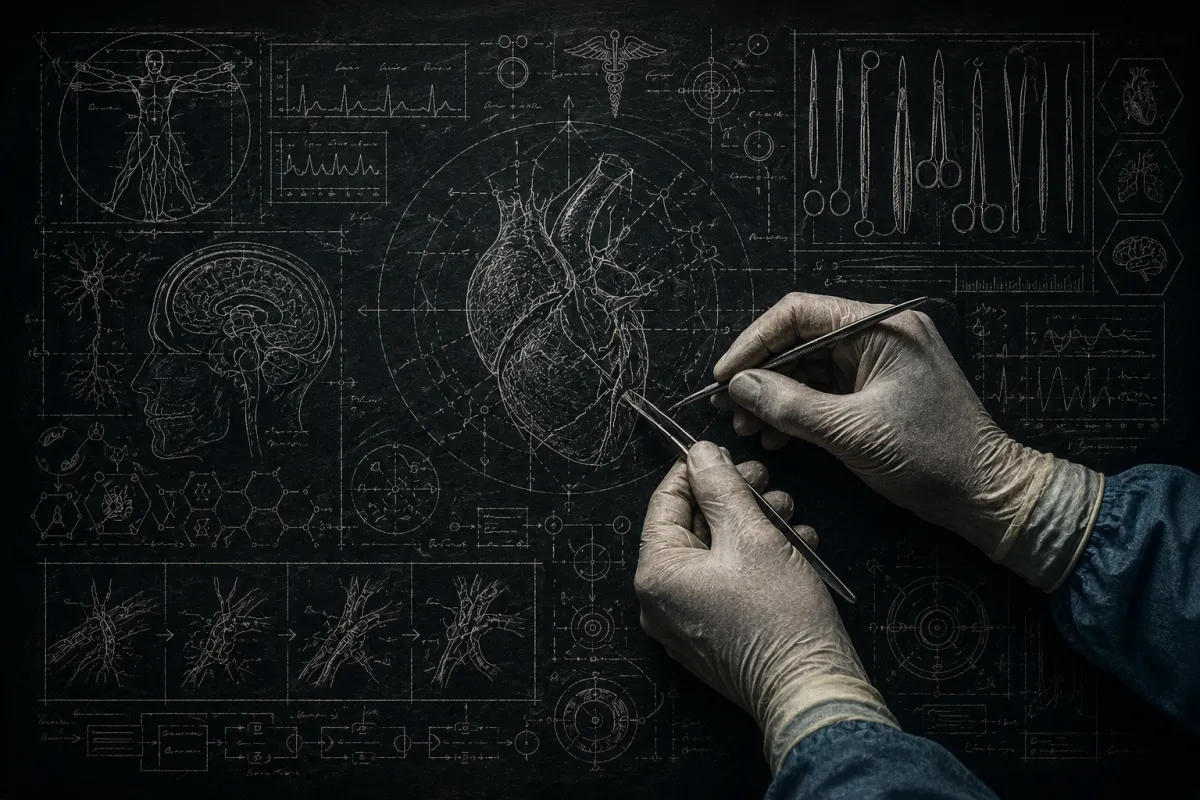 surgeons hands sewing chalk drawn heart on chalkboard