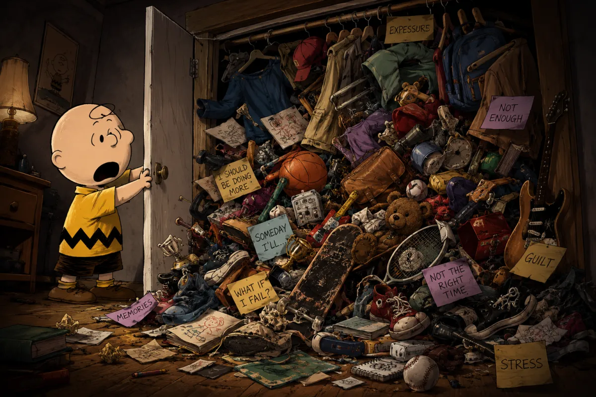 cartoon closet spilling out all over the floor into a mess