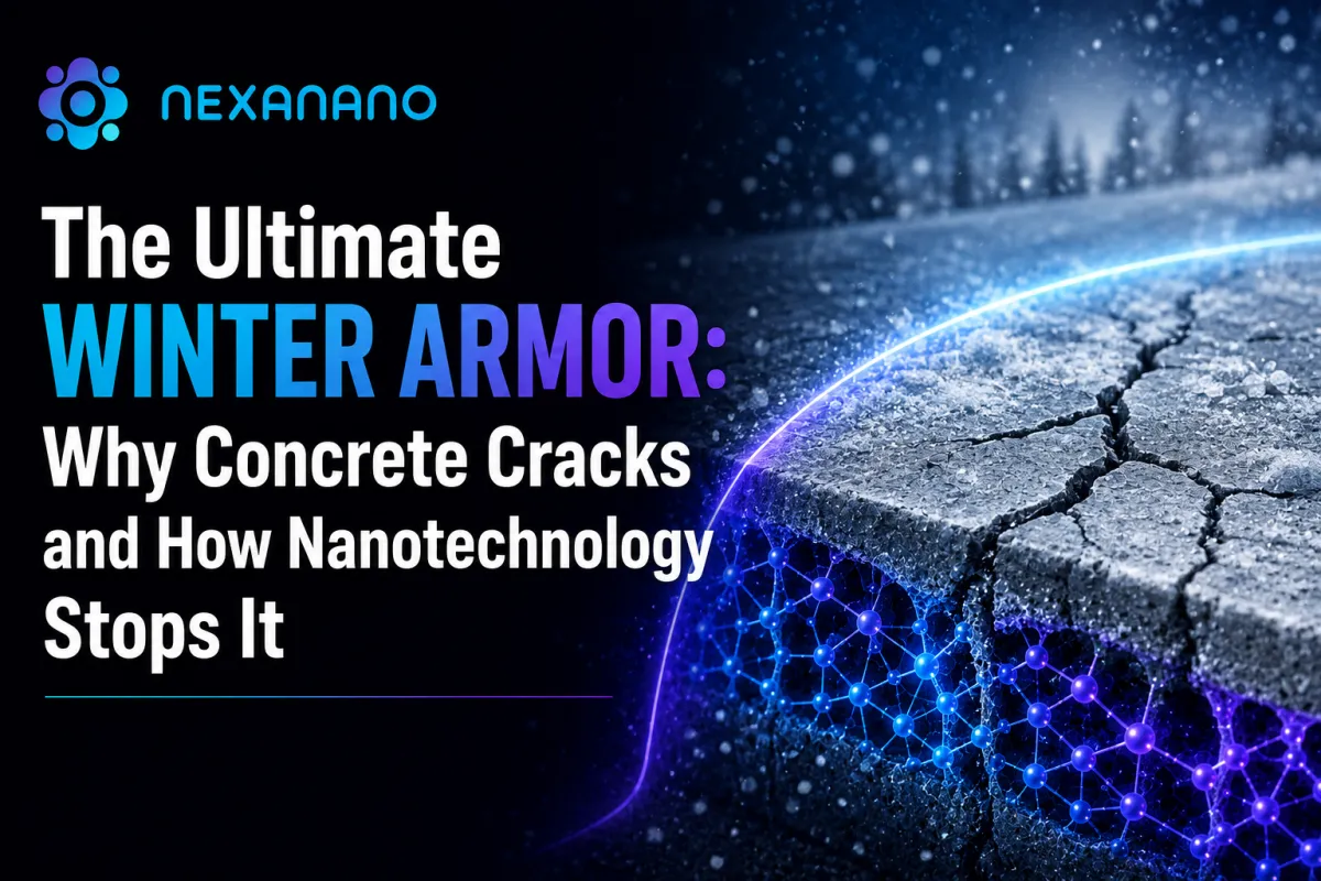 Cracked concrete exposed to freezing winter conditions, illustrating freeze-thaw damage and NexaNano nanotechnology protection.