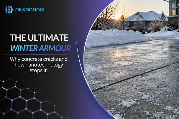 Cracked concrete exposed to freezing winter conditions, illustrating freeze-thaw damage and NexaNano nanotechnology protection.