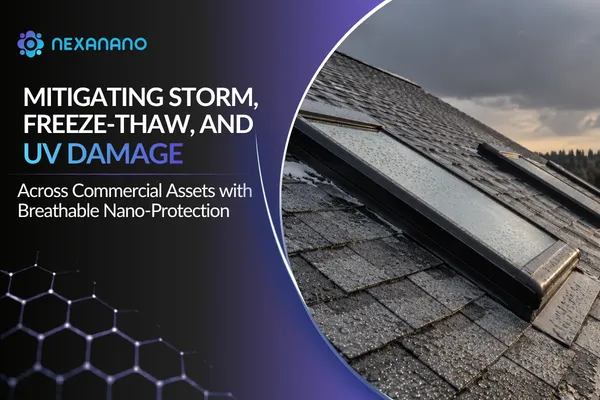 Commercial building protected by breathable SiO₂ nano-protection against storm, freeze-thaw, and UV damage.