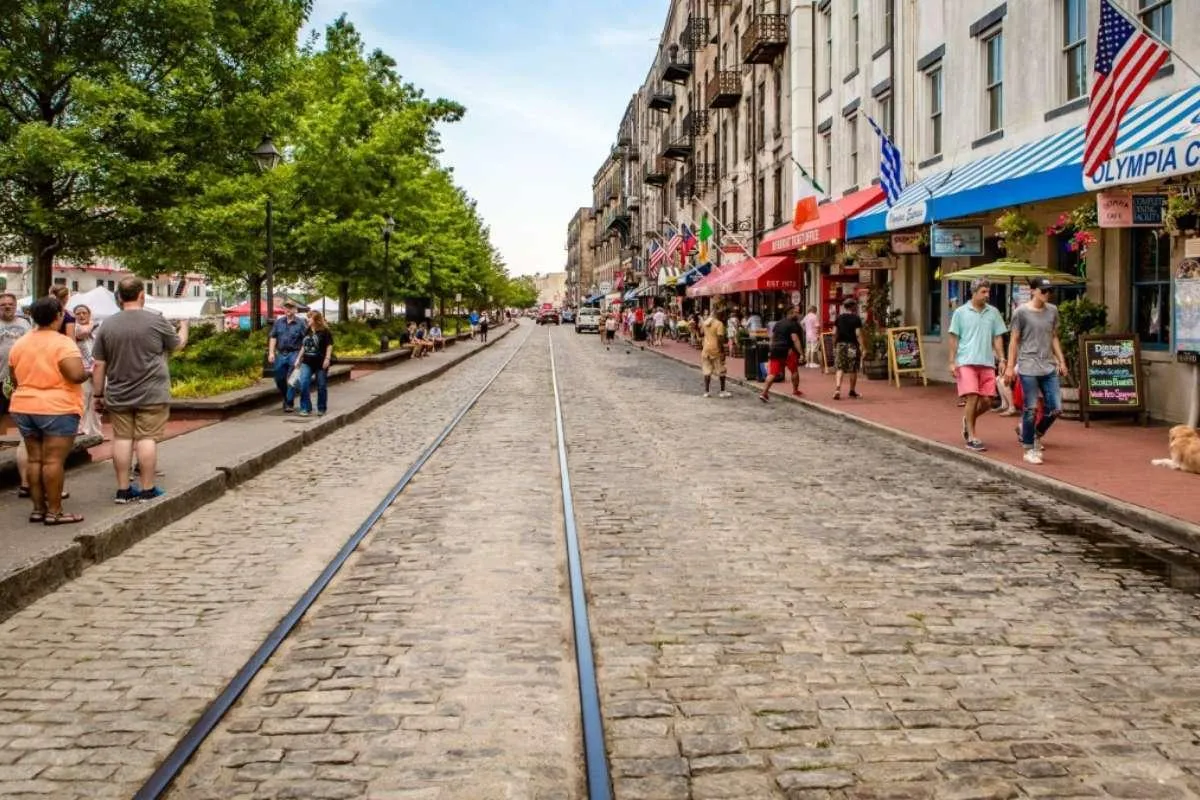 a photo of he cobblestone streets and riverfront in Savannah, Georgia