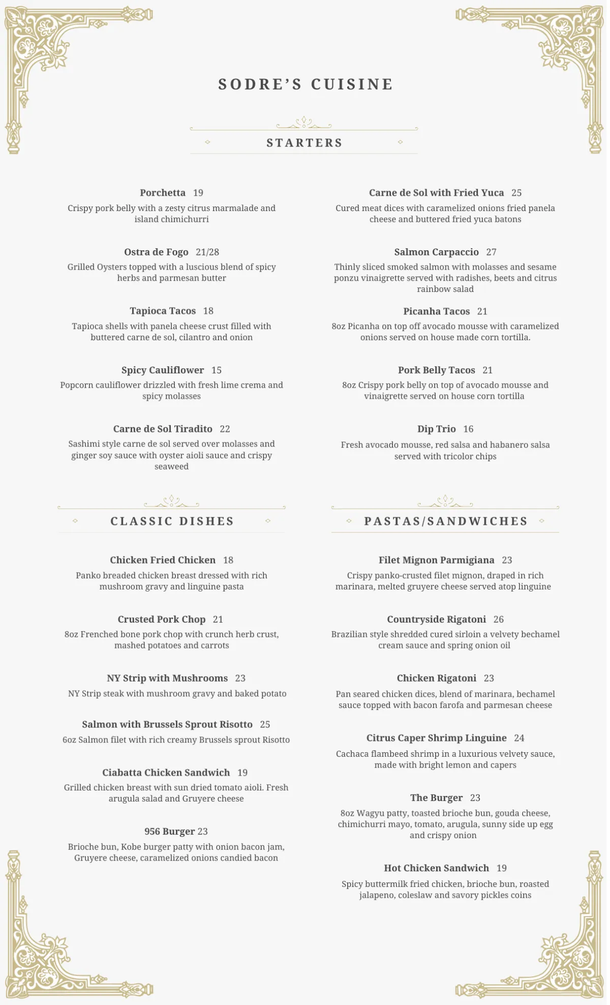 Starters Menu