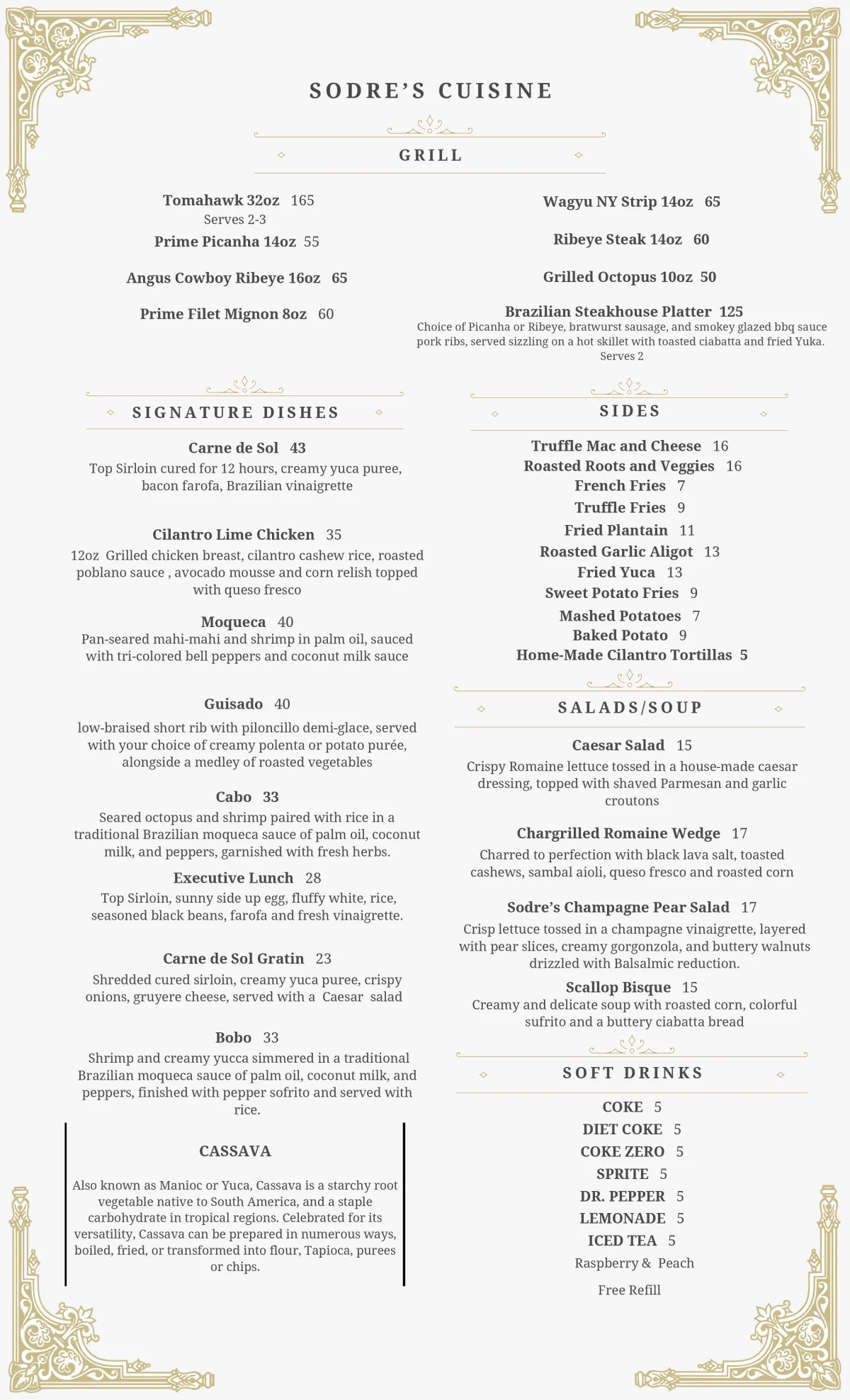 Sodre's Cuisine - Grill Menu