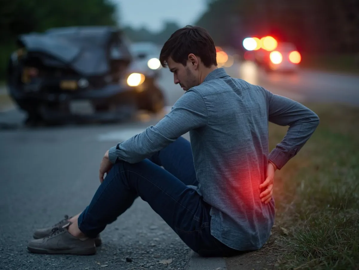A person holding their lower back in pain after a car accident, sitting on the roadside, illustrating common car accident injuries and physical discomfort.