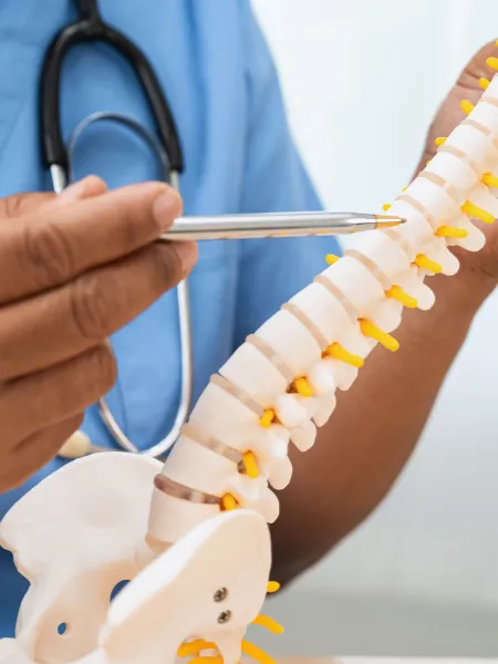 Chiropractor holding a human skeleton for joint pain assessment
