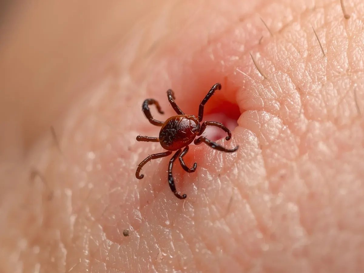 Close-up of a deer tick gripping human skin, its legs detailed against fine hair and flushed pores, highlighting the moment of Lyme disease transmission. The surrounding skin shows subtle redness and swelling, illustrating early inflammation after a tick bite.