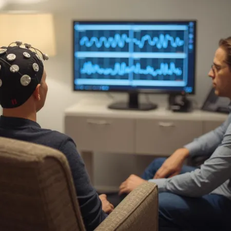Neurofeedback therapy session in Lancaster, PA clinic with client seated comfortably, EEG sensors applied, and clinician monitoring brain activity on screen