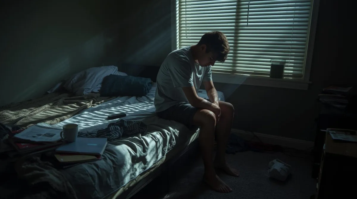 A young adult with tense posture sits on a bed in a dim, cluttered bedroom, surrounded by personal items. Sunlight through blinds casts dramatic shadows, emphasizing a somber mood and illustrating the daily challenges of living with Post-Traumatic Stress Disorder.