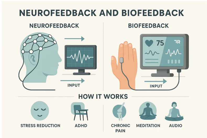  Infographic poster showing neurofeedback with an EEG-capped head and brainwave chart, and biofeedback with a hand and sensors, monitors displaying vital signs. Arrows illustrate feedback loops. Icons represent stress reduction, ADHD, chronic pain, and meditation. Labeled sections and modern vector style support accessibility.