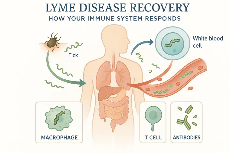 Borrelia burgdorferi bacteria journeying from tick bite through the body, with immune cells—macrophages, T cells, antibodies—defending against infection. Includes simplified human silhouette, color-coded arrows, and minimalist labeled icons, all in a healthful, clean vector style for Lyme disease recovery.