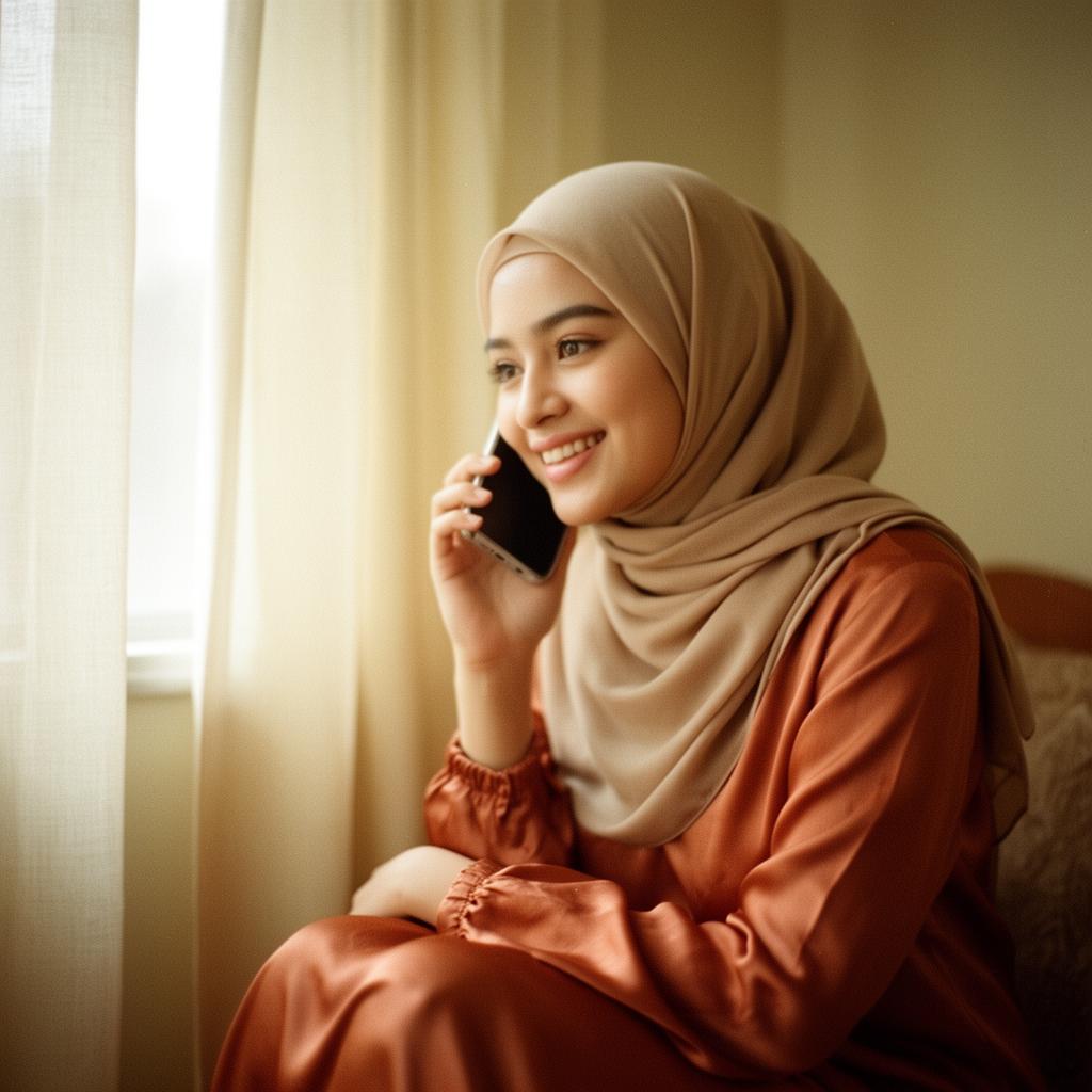 Muslim sister on a phone call, smiling by a window