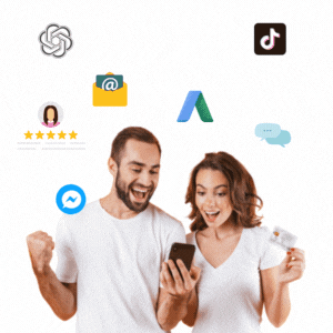 Two peope looking at their phone as an array of marketing platforms pop out