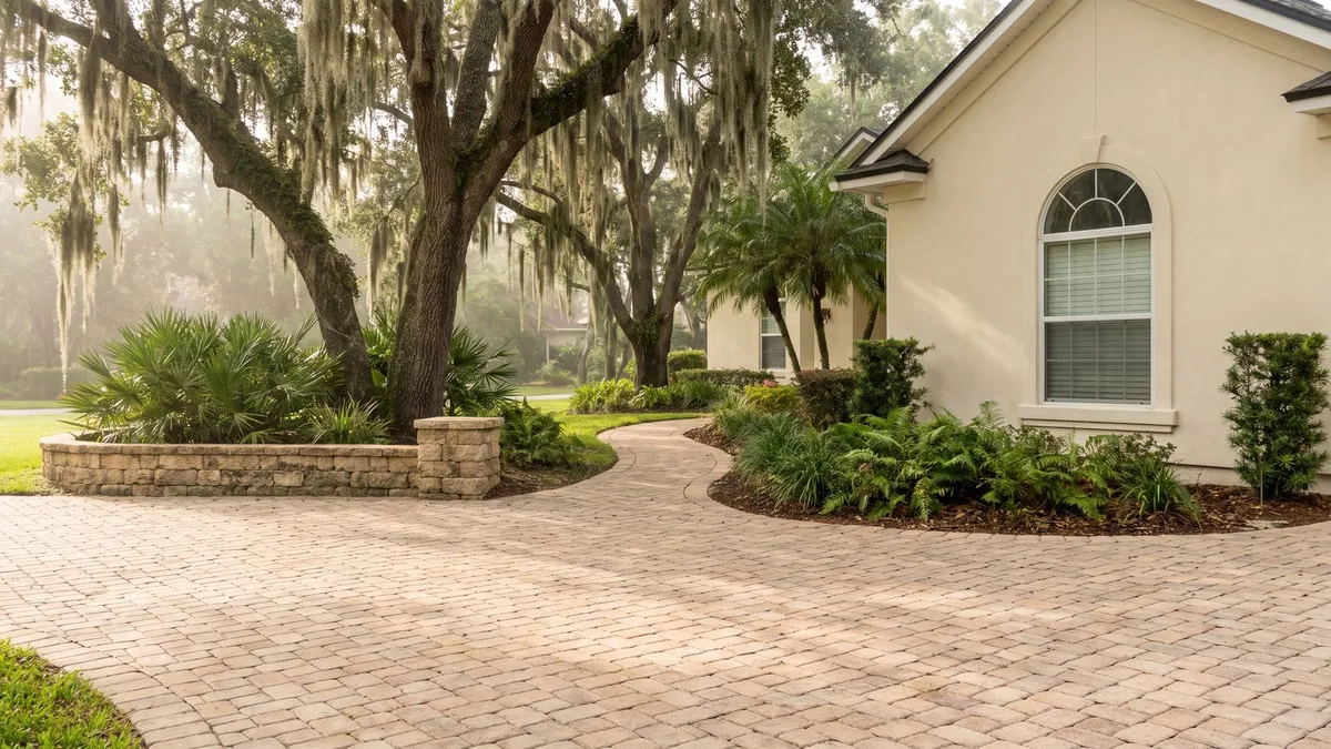 Clean paver driveway at a stucco home in Palencia, St. Augustine FL after pressure washing
