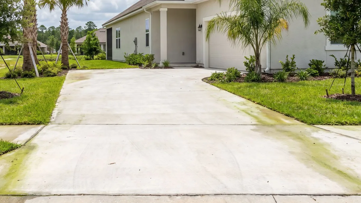 Concrete driveway with algae along the edges at a SilverLeaf home in St. Augustine FL before pressure washing