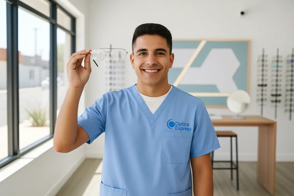 Óptico sonriente mostrando gafas modernas en una clínica luminosa, fondo desenfocado, estilo moderno y limpio, ambiente profesional y acogedor, persona joven hispana, composición centrada, 3:2.