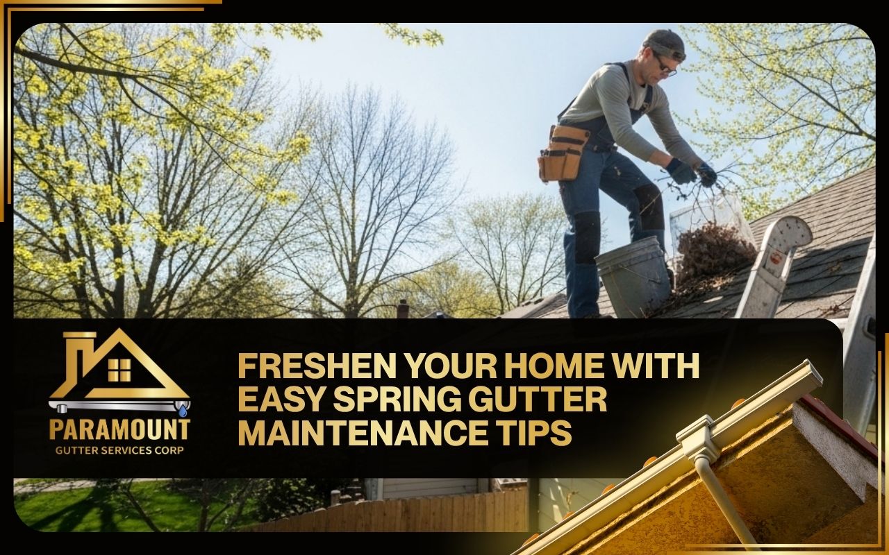 Homeowner doing spring gutter maintenance on a roof