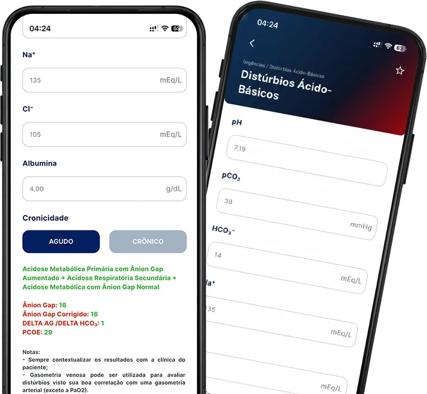 Tela de gasometria detalhada em smartphone