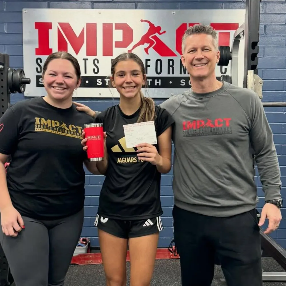 Middle school athletes practicing jumping and landing mechanics at Impact Sports Performance