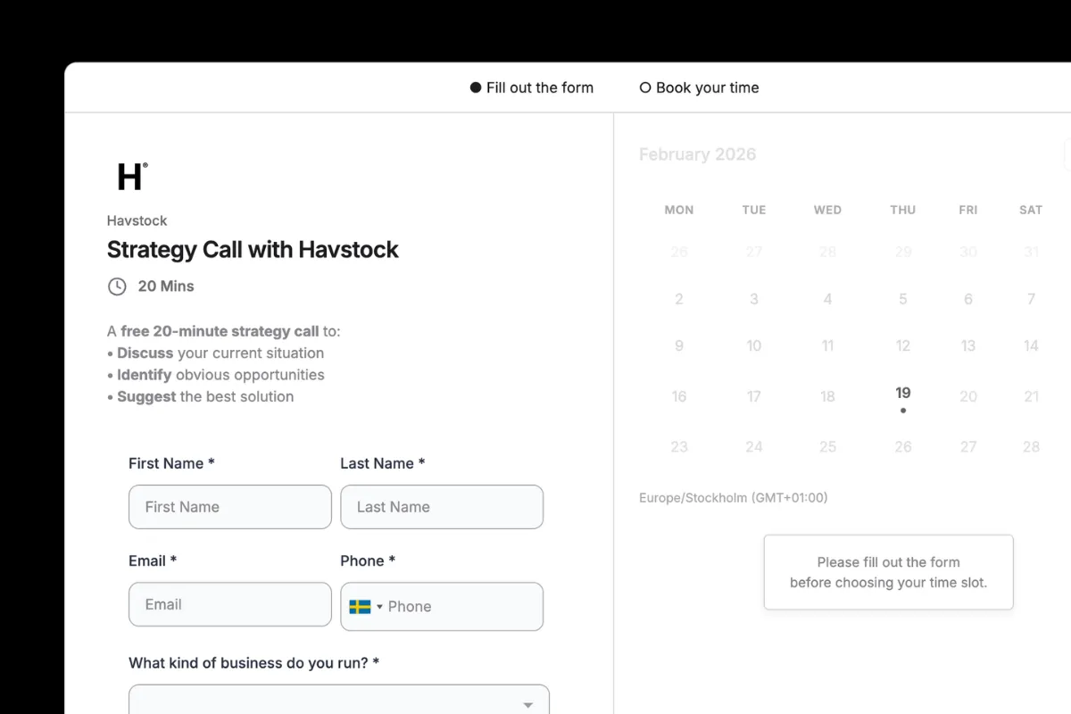 GoHighLevel calendar customized to look like iClosed with form-first side-by-side layout