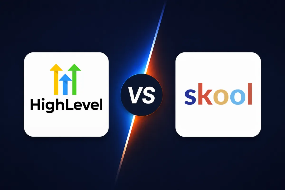 GoHighLevel Memberships and Skool logos side by side with a VS graphic on a dark background.