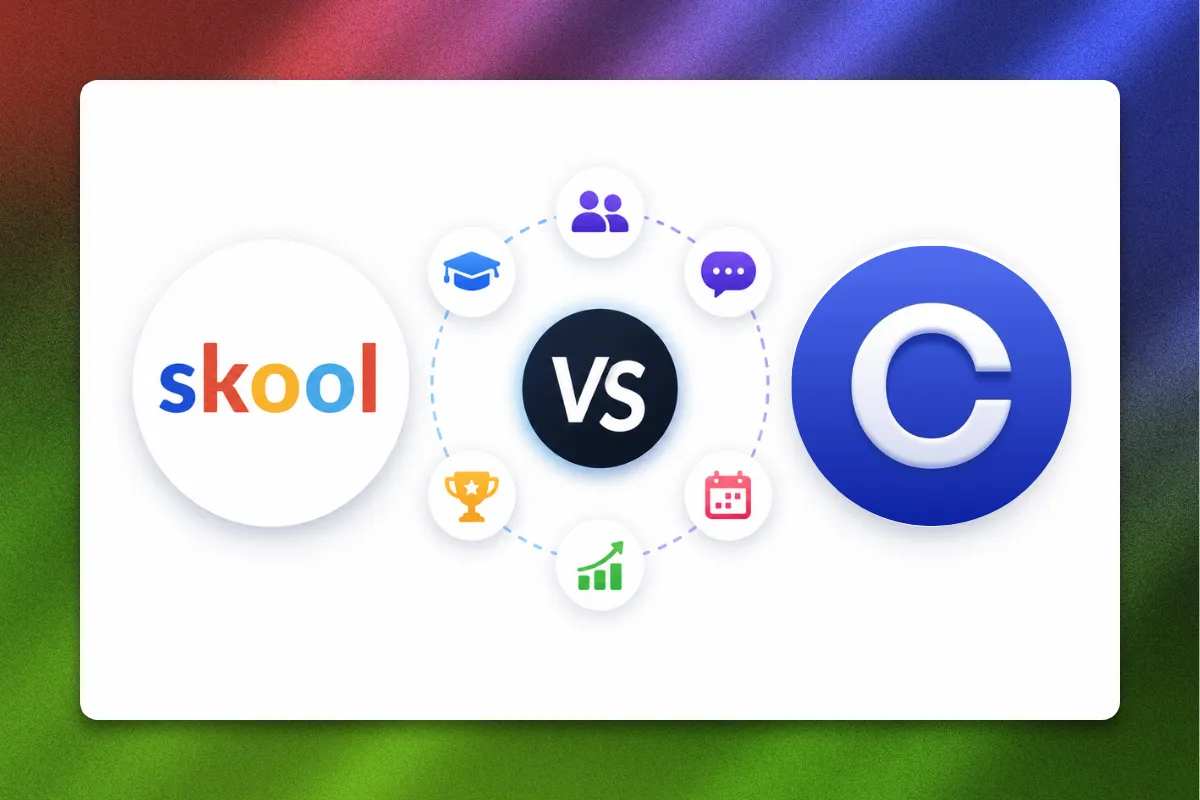 Skool and Circle logos side by side with a VS graphic and GoHighLevel automation icons on a dark background.