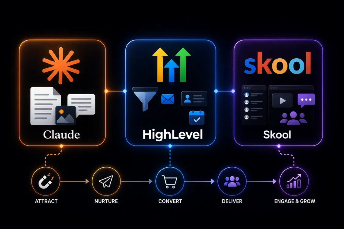 Business workflow showing Claude AI creating content, GoHighLevel automating marketing, and Skool delivering online courses and community.