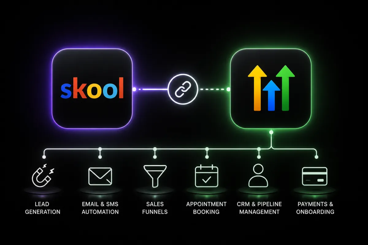 Skool community connected with GoHighLevel CRM, marketing automation, sales funnels, and customer onboarding.