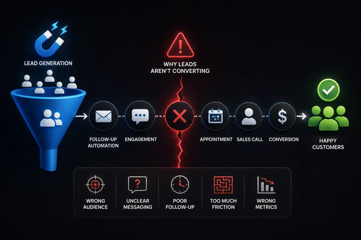 Marketing automation funnel showing common conversion problems between lead generation, follow-up, sales, and customer onboarding.