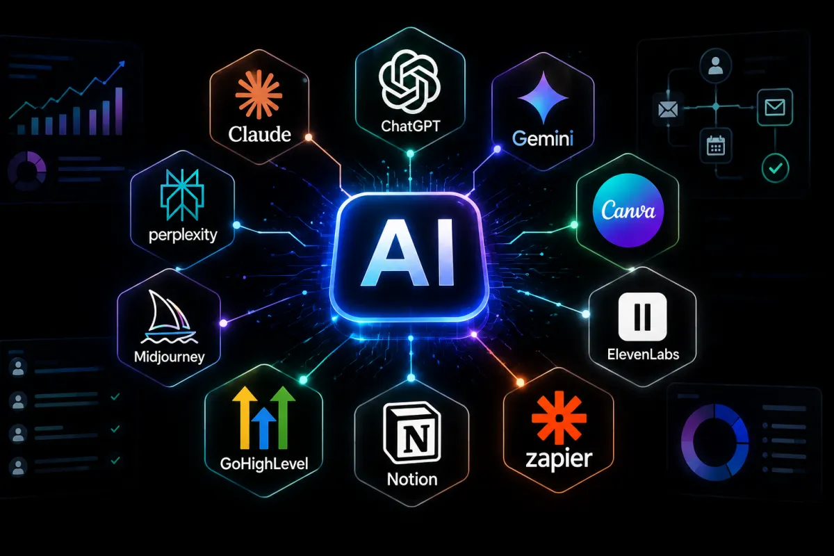 AI tools and automation systems helping a modern marketing agency manage content, clients, research, and workflows.