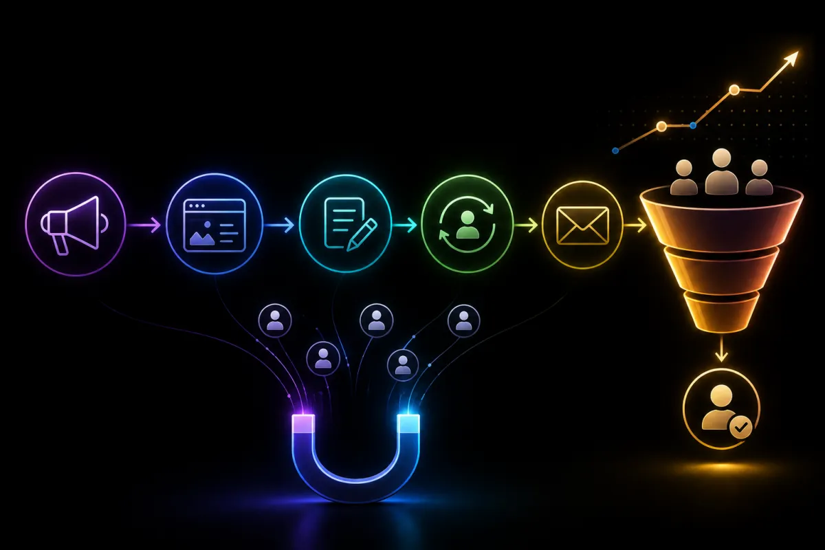 Predictable lead generation system showing content marketing, lead capture, CRM automation, nurturing, appointments, and sales.
