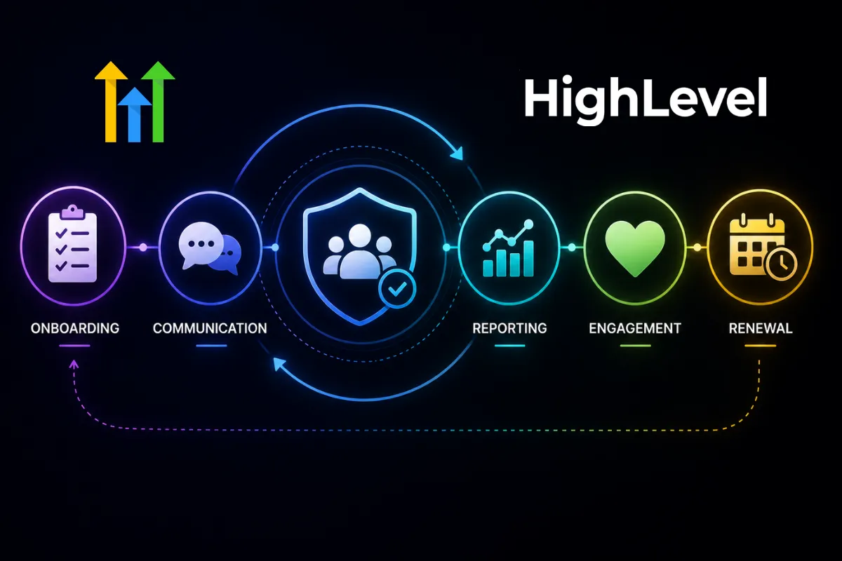 Client retention system showing onboarding, communication, reporting, engagement, and renewal workflows.