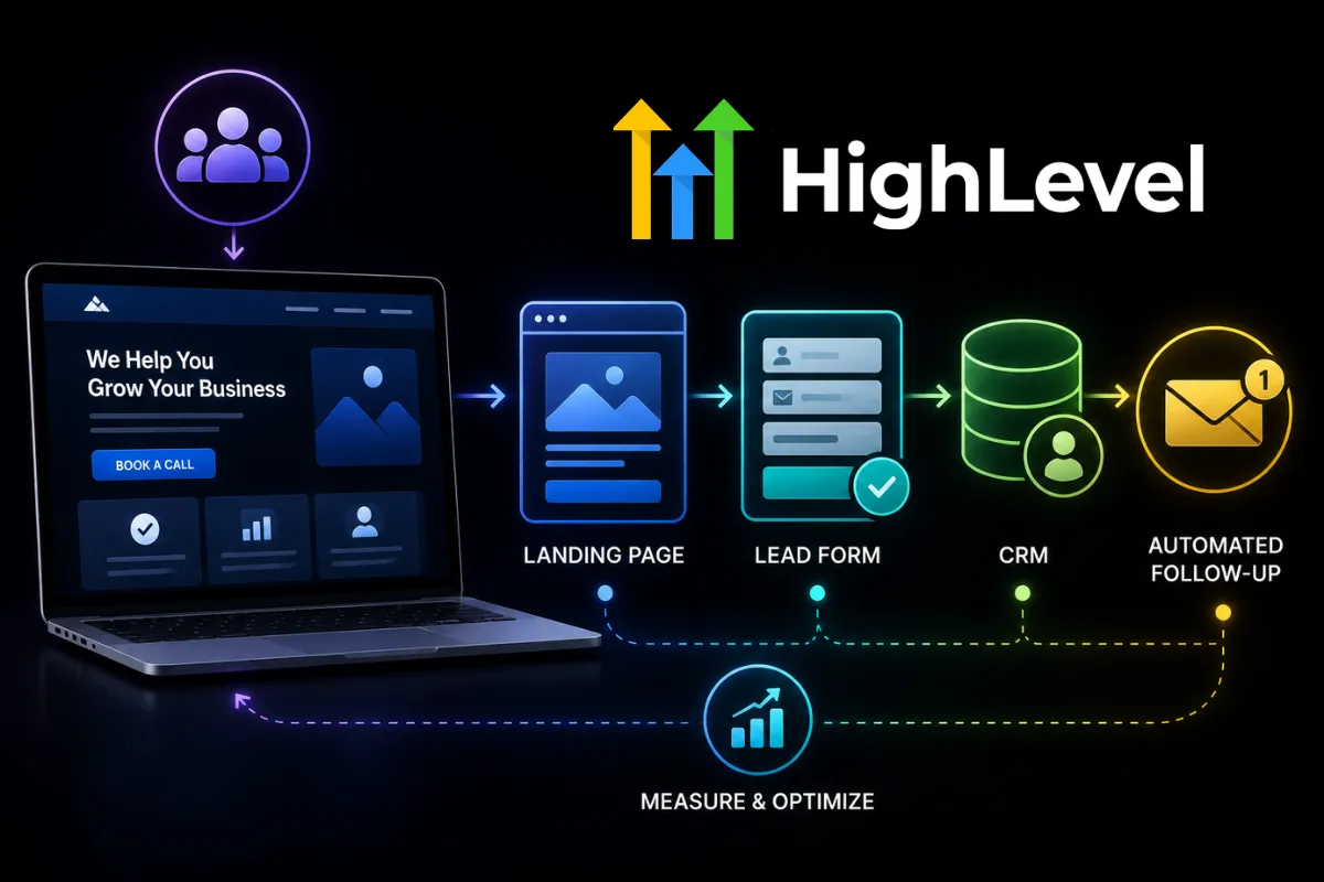 Website lead generation funnel showing traffic, landing pages, forms, CRM, and automated follow-up.