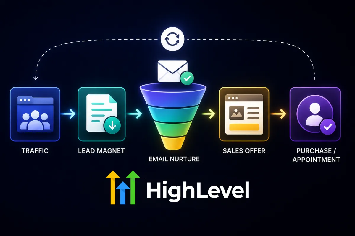 Evergreen marketing funnel showing traffic, lead magnet, email nurture, sales page, and automated customer journey.