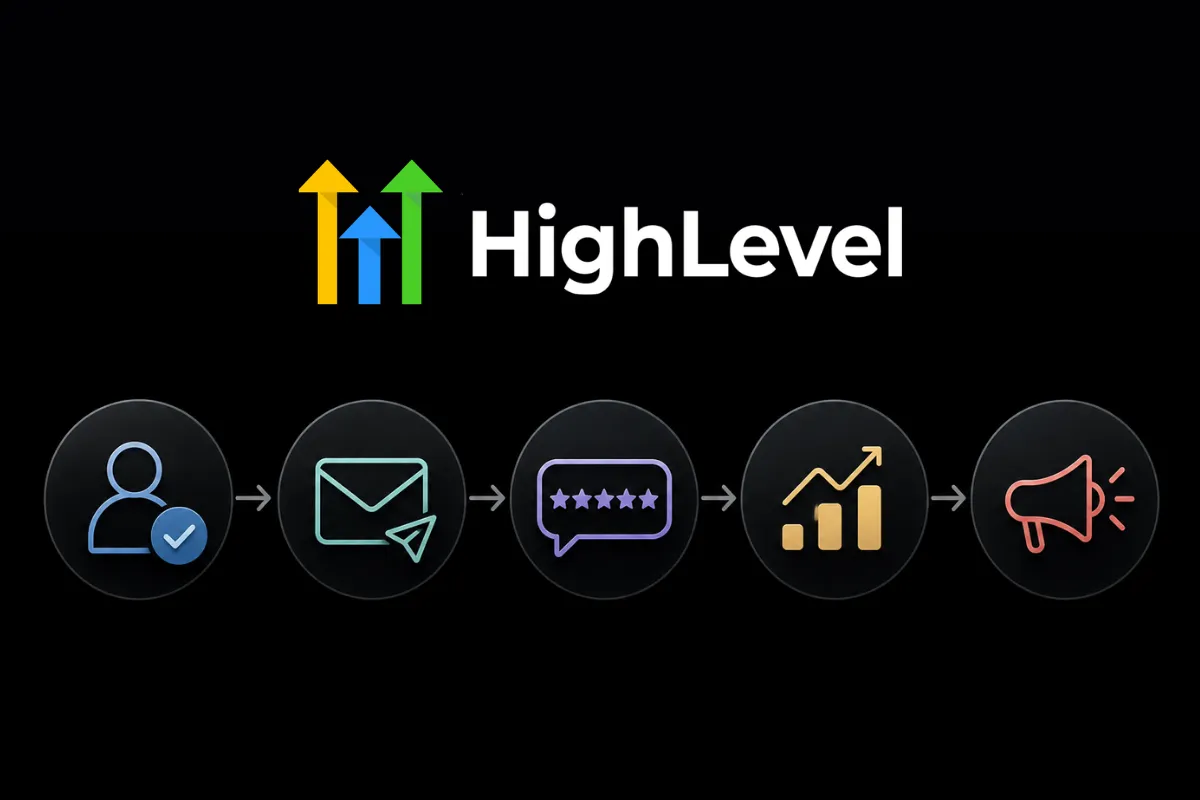 Reputation management workflow showing customer follow-up, review requests, feedback collection, and social proof.
