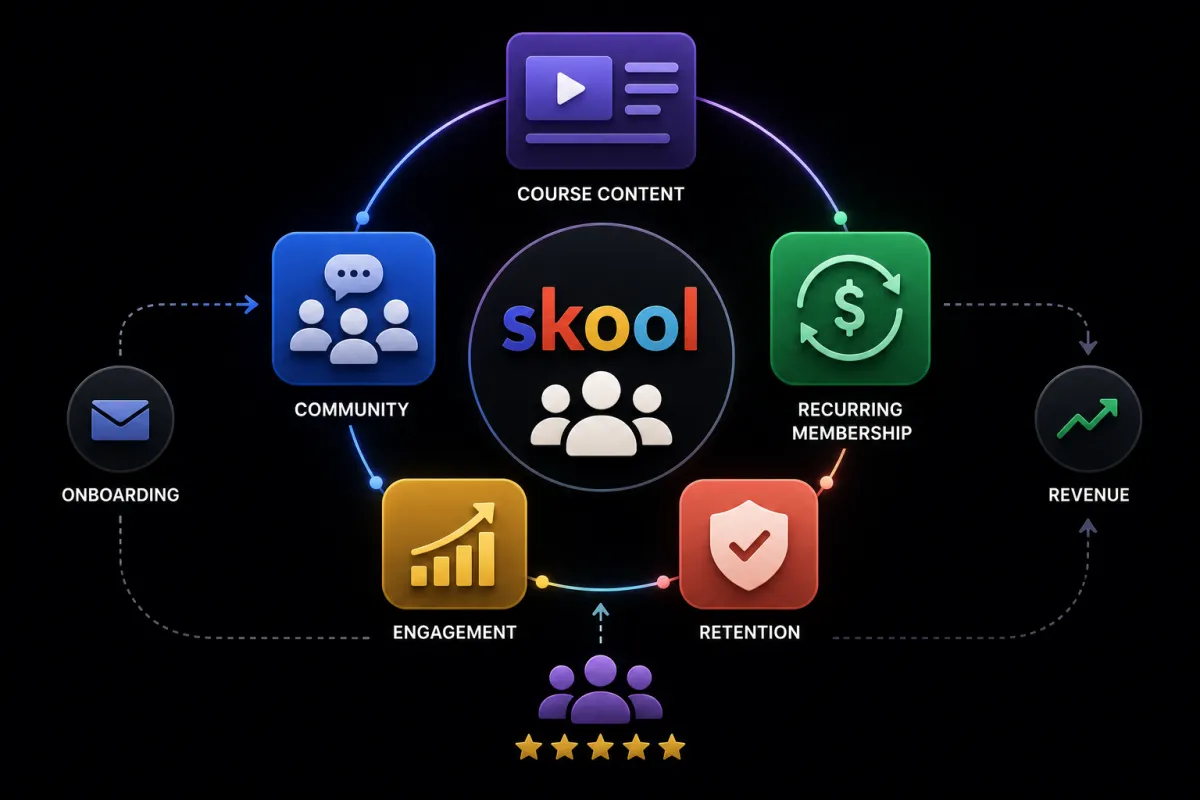 Skool membership business model showing community, course content, recurring membership, engagement, and retention.