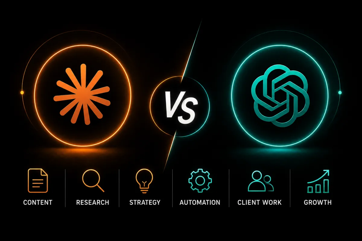 Claude and ChatGPT comparison for marketing agencies covering content, research, strategy, automation, and client work.