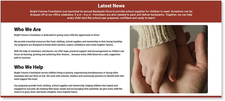 Organization Marketplace About Us section sample